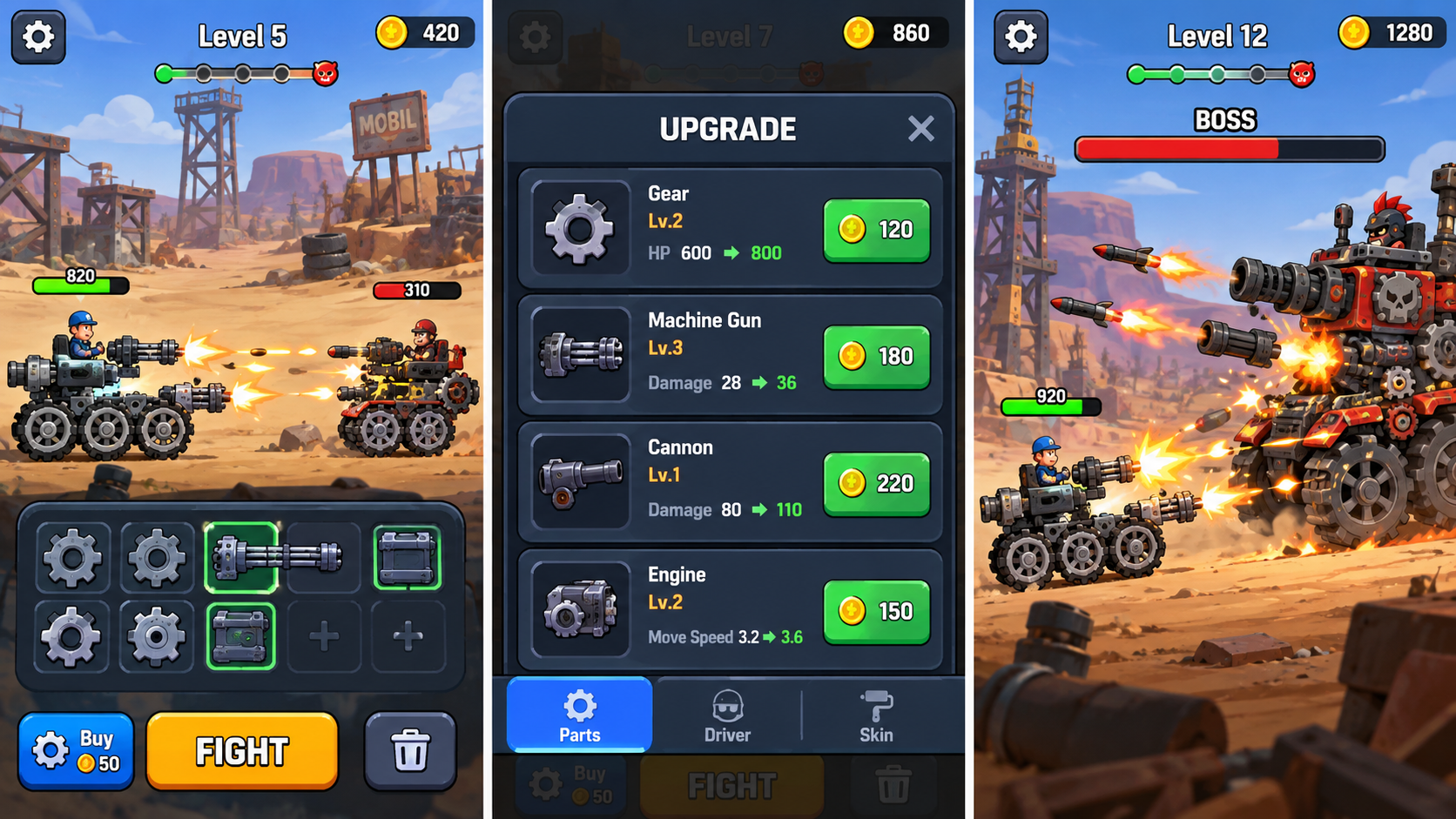 User-supplied composite: battle, upgrade menu and boss encounter at different labelled levels.