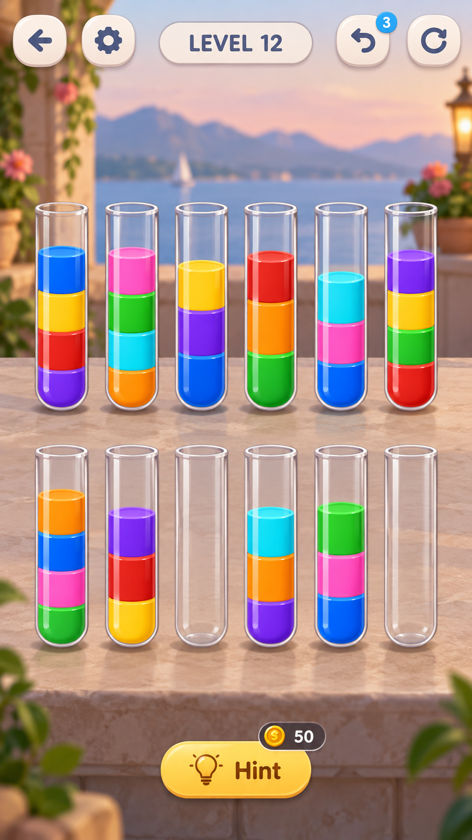 Supplied image labelled Level 12: mixed tubes and two empty spaces.