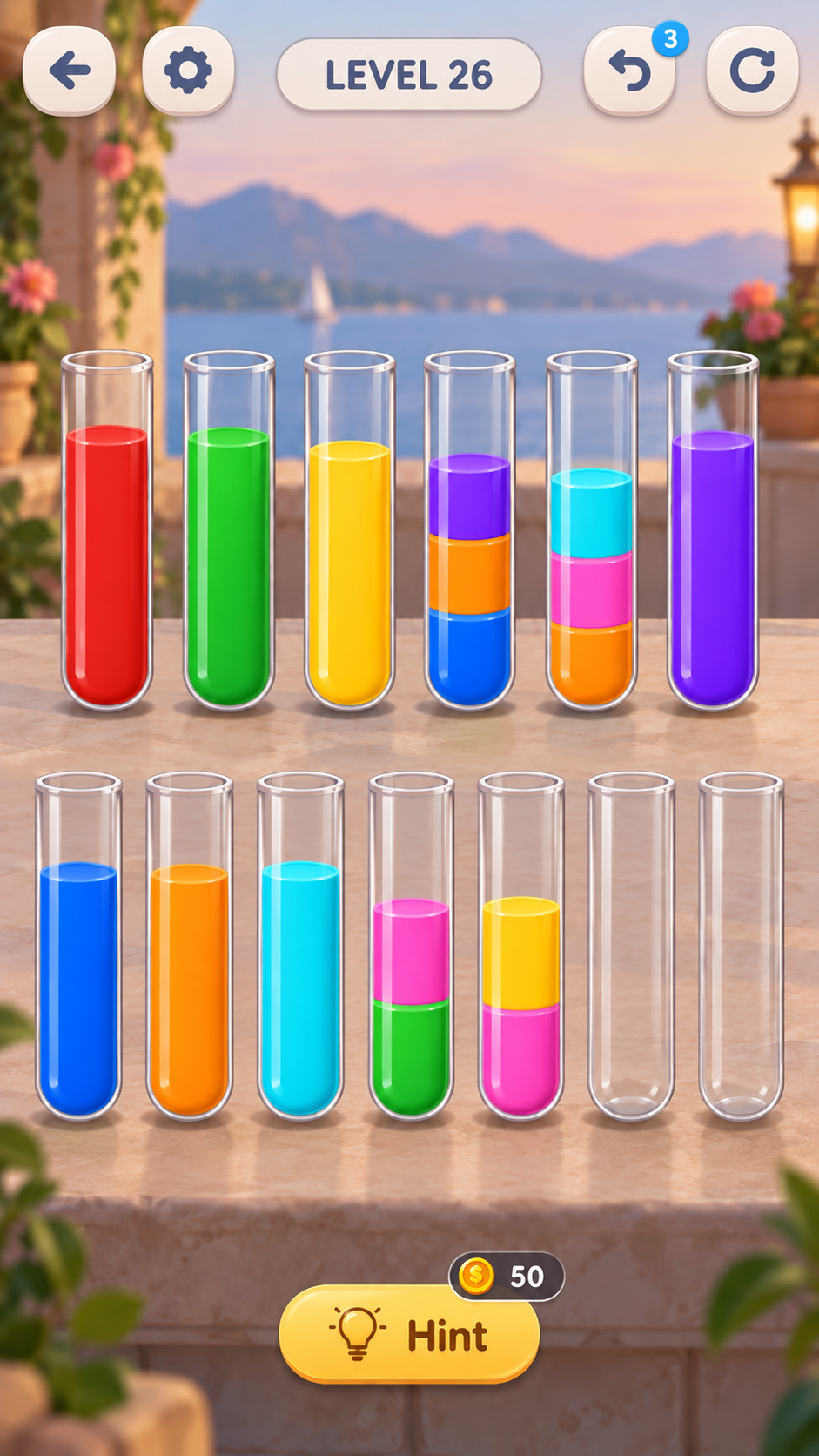 Supplied image labelled Level 26: sorted and mixed tubes remain.