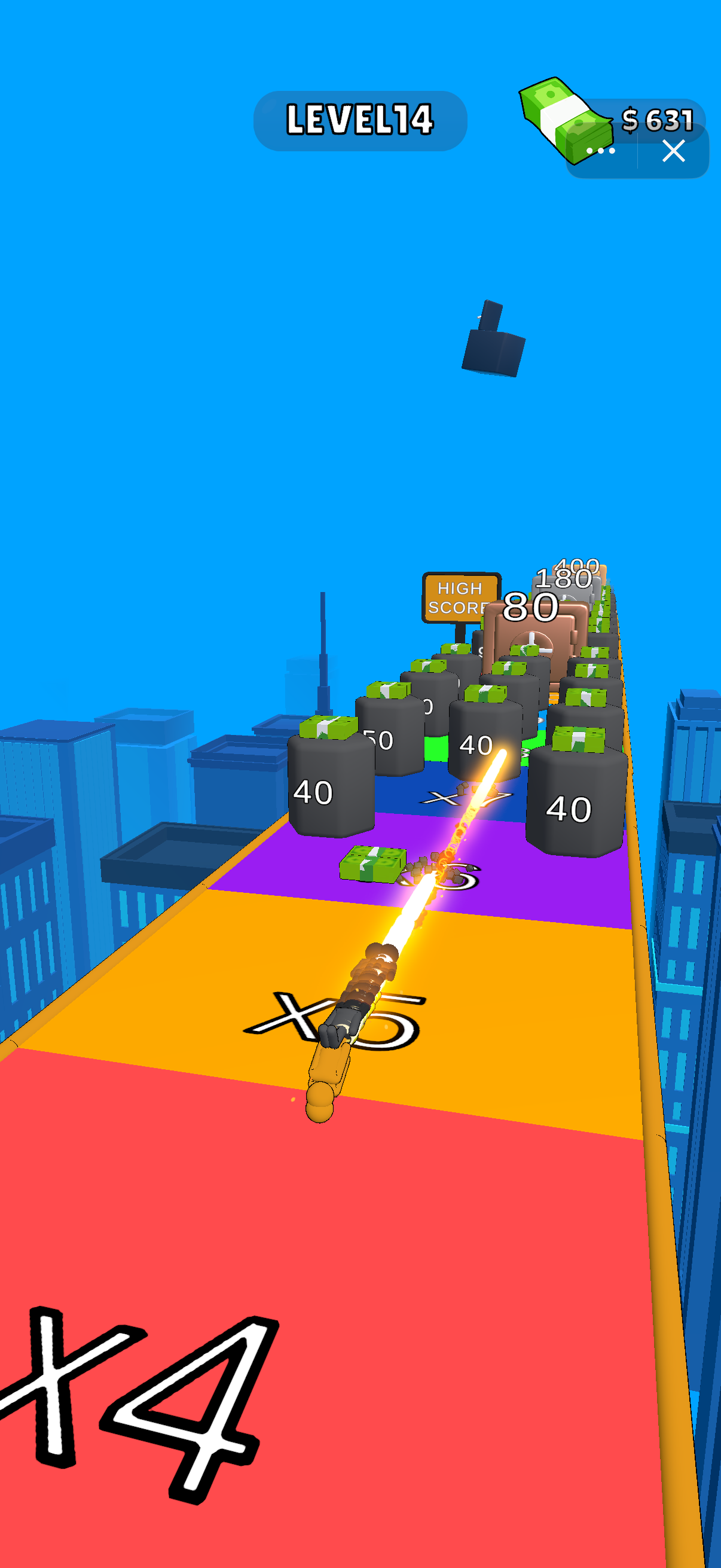 The finish stretch has colored x4, x5 and x6 floor zones and rows of numbered targets with cash bundles.